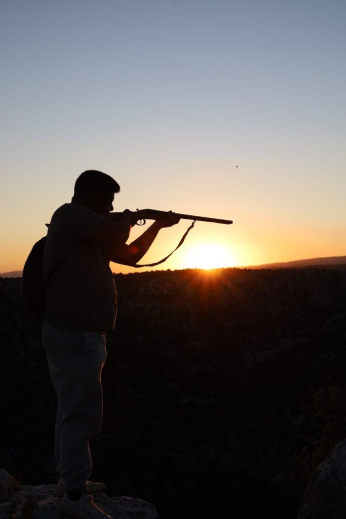 A hunter silhouetted against a sunset in the wilderness, aiming a rifle.